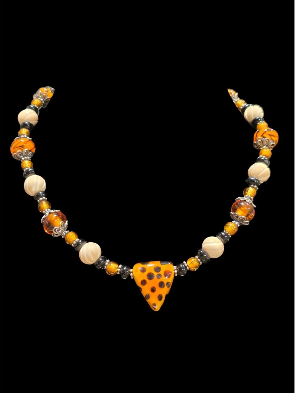 Artisan Glass Leopard Tortoise Pendant Ribbon Cord Necklace 17" 61g
